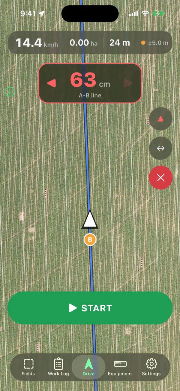 Farm Map guiding along an A-B line over satellite imagery, with the lightbar showing 63 cm off line.